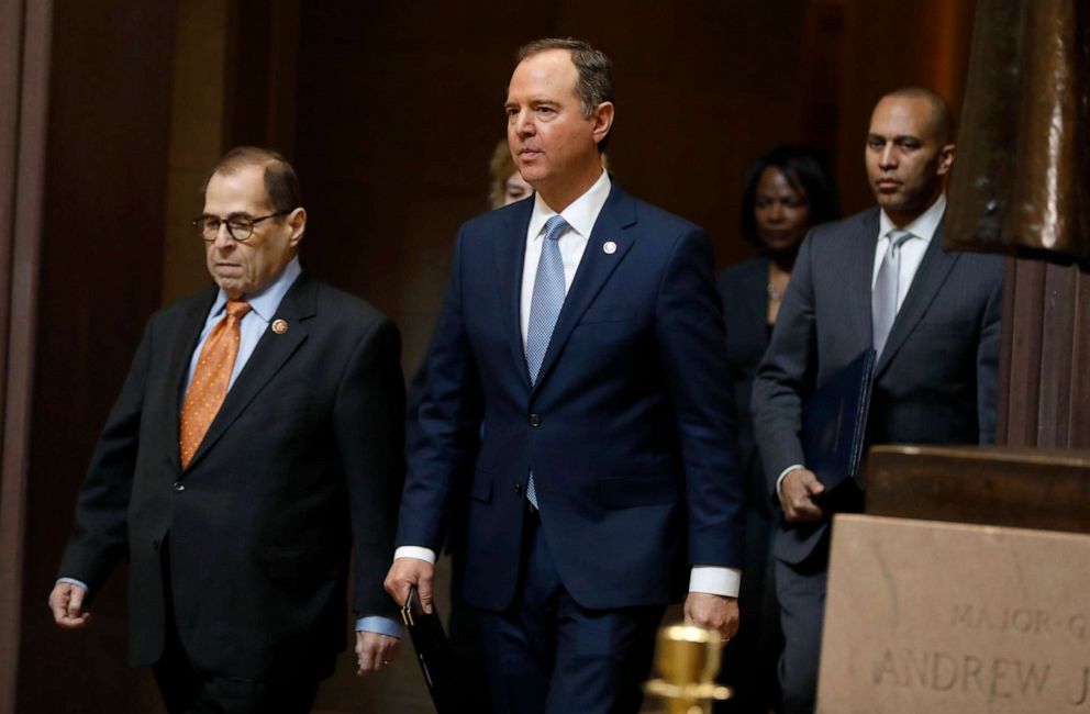 PHOTO: House Intelligence Committee Chairman Adam Schiff walks with Rep. Jerrold Nadler, Rep. Hakeem Jeffries and Rep. Val Demings at the Capitol in Washington, Jan. 16, 2020.